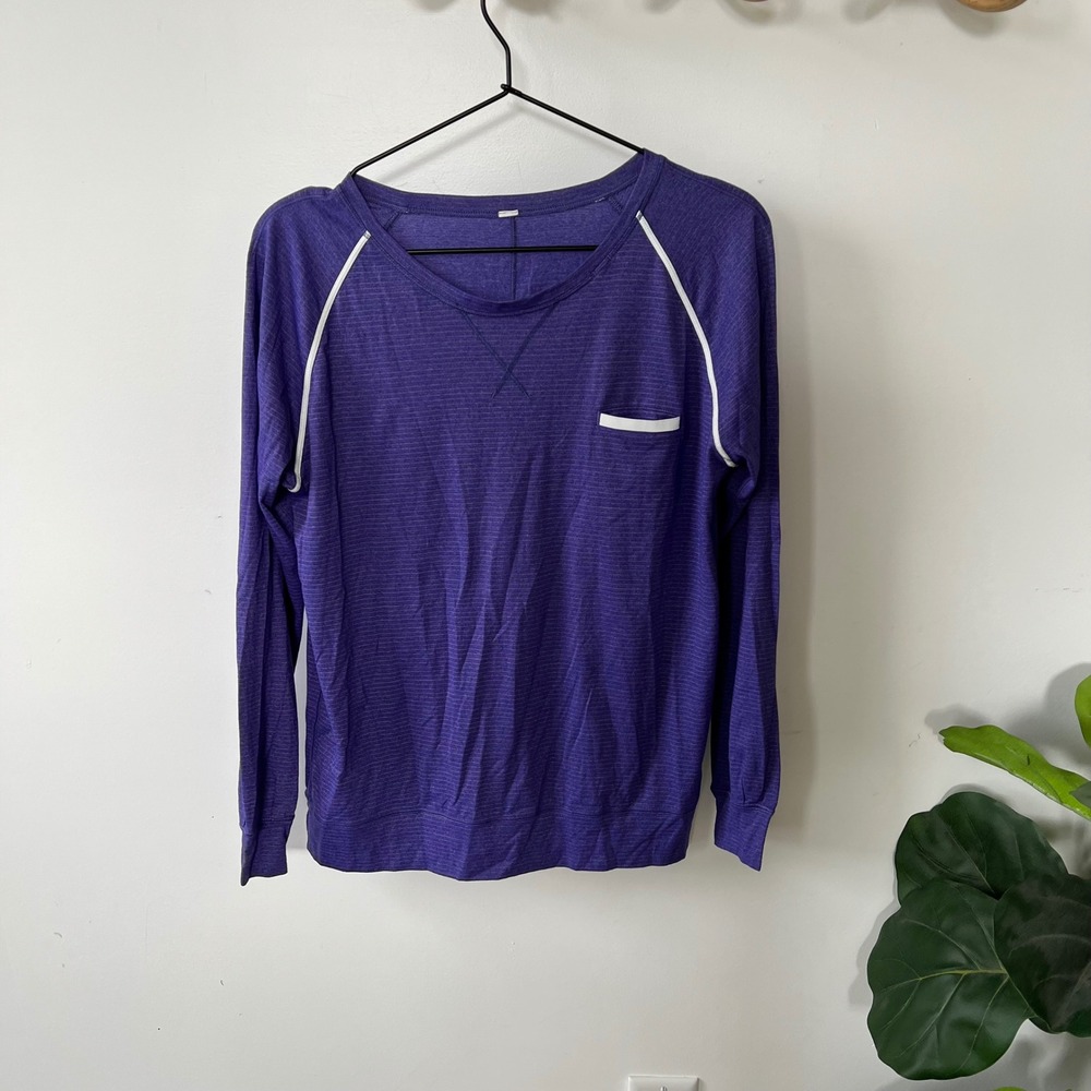 Lululemon Purple Striped Long Sleeve Raglan Top White Trim Chest Pocket Mens L